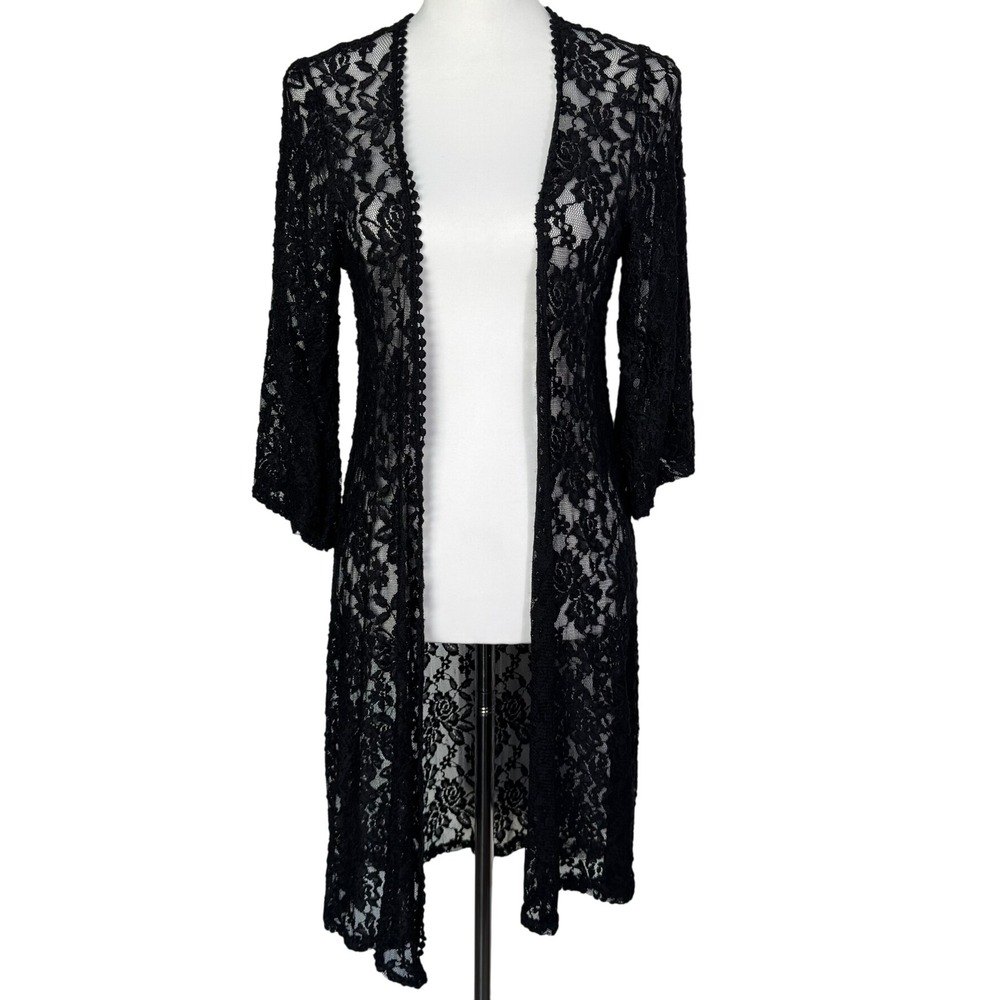 MAUVE Womens Medium Black Lace Floral Lightweight Sheer Kimono Cardigan Cover Up